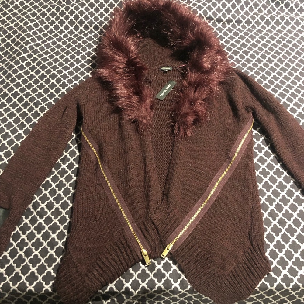 River Island Womens Red Purple Black Faux Fur Trim Open Knit Cardigan Sz 10 N24